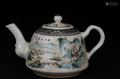 A Famille RoseLandscape Pattern Porcelain Tea Pot