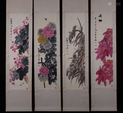A Group Of Four Chinese Flower And Tree Painting Mark Qi Bai...