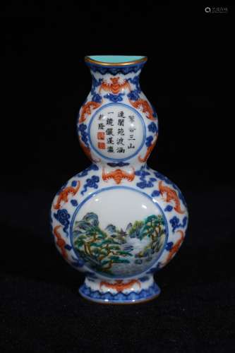 A Wucai Landscape Porcelain Gourd Bottle