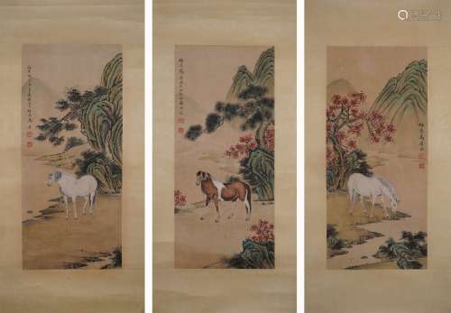 A Group Of Three Panel Horses Chinese Painting Mark Ma Ji