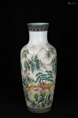 A Famille Rose Landscape Character Porcelain Vase