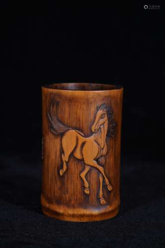 A Bamboo Carved Horse Pen Holder