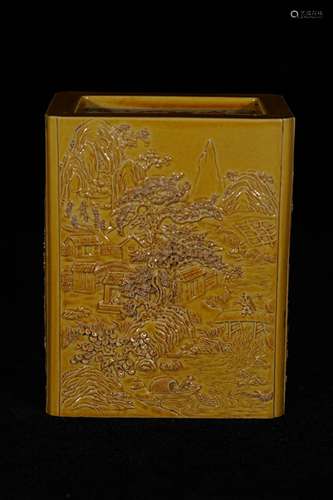 A Yellow Glaze Landscape Pen Holder