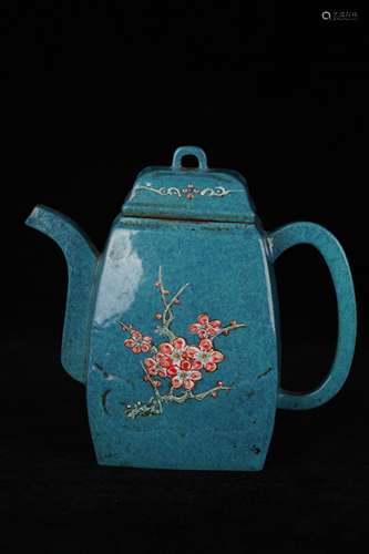 A Blue Glazed Purple Clay Flower Pattern Tea Pot