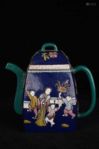A Blue Glaze  Purple Clay Character Pattern Tea Pot