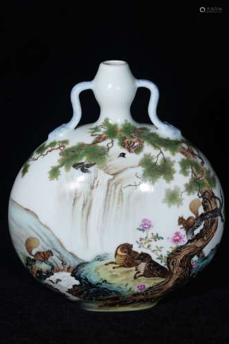 A Famille Rose Flower Birds Porcelain Moon Holding Vase