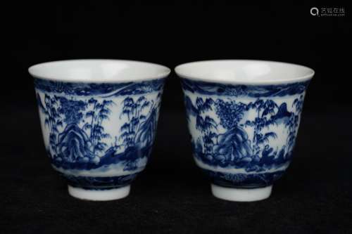 A Pair Of Blue And White Bamboo Pattern Porcelain Cups