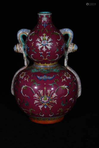A Red Glaze Flower Pattern Porcelain Gourd Bottle