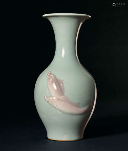 诹访苏山（1851-1922） 明治时代 青瓷红鱼花瓶