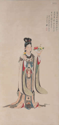 Chinese Guanyin Painting Paper Scroll, Zhang Daqian Mark