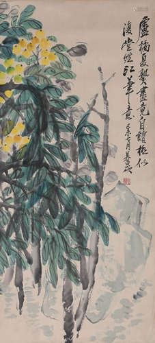 Chinese Melon Painting Paper Scroll, Wu Changshuo Mark