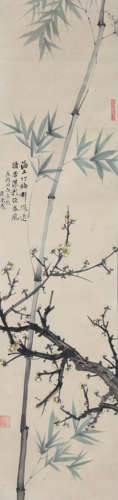 Chinese Prunus Painting Paper Scroll, He Xiangning Mark