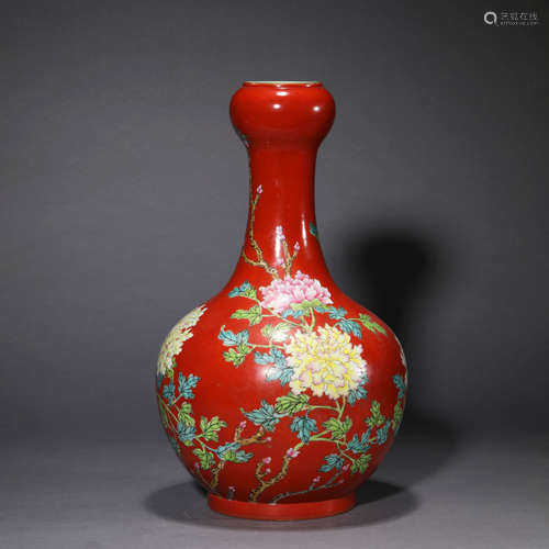 Coral-Red Glaze Peony Garlic-Head-Shape Vase