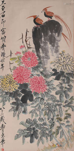 Chinese Flower and Bird Painting Paper Scroll, Qi Baishi Mar...