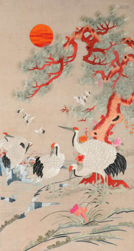 Embroidered Panel of Crane and Pine