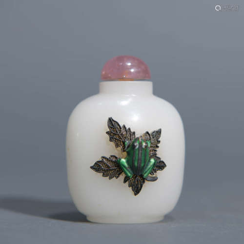 Inlaid White Jade Frog Snuff Bottle