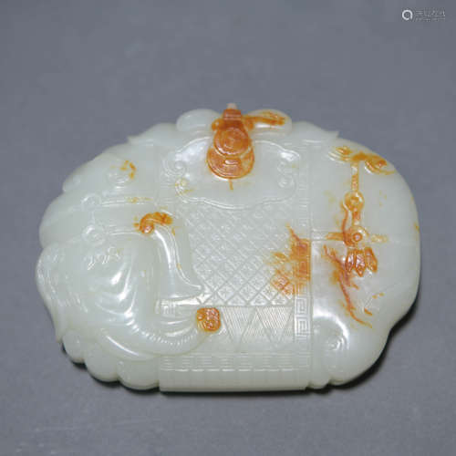 Carved Hetian and Russet Jade Elephant-Eared Ink Box and Cov...