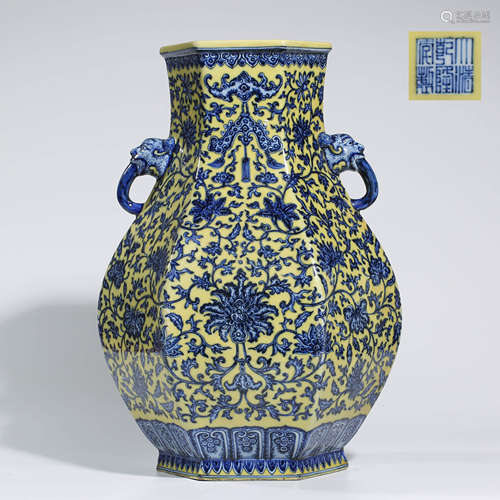 Yellow-Ground and Underglaze Blue Hexagonal Zun