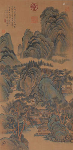 Chinese Landscape and Figure Painting Paper Scroll, Wen Zhen...