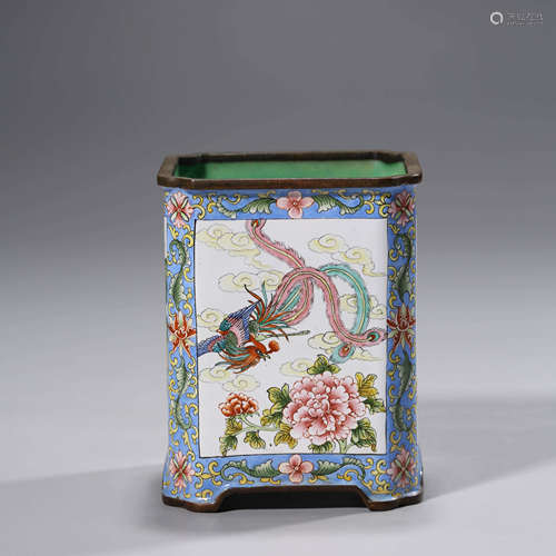 Enamel Bronze Phoenix and Peony Brush Pot