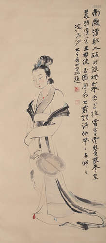 Chinese Lady Painting Paper Scroll, Zhang Daqian Mark