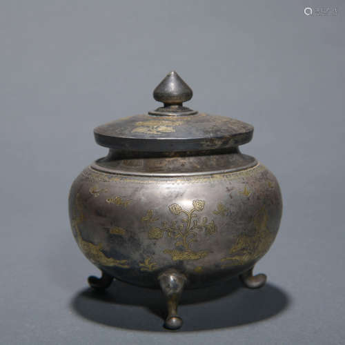 Gold Inlaying Bronze Tripod Censer