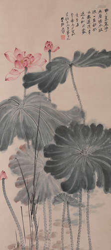 Chinese Lotus Painting Paper Scroll, Zhang Daqian Mark