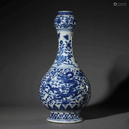 A Blue and White Dragon and Phoenix Garlic-Head Shape Vase