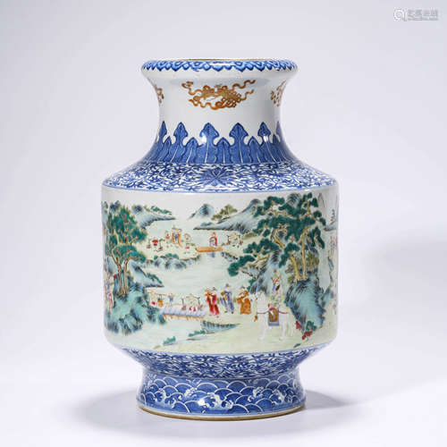 Underglaze Blue and Famille Rose Figure Lantern-Form Vase