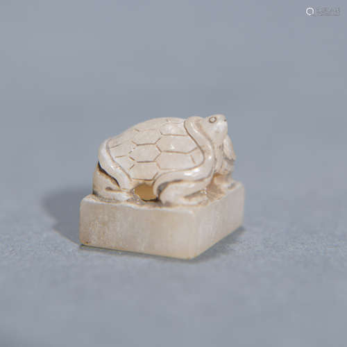 Carved White Jade Turtle Seal