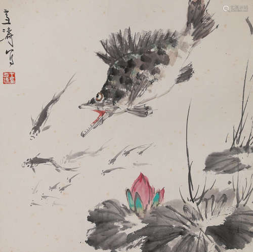 Chinese Lotus and Carp Painting on Paper, Wang Xuetao Mark