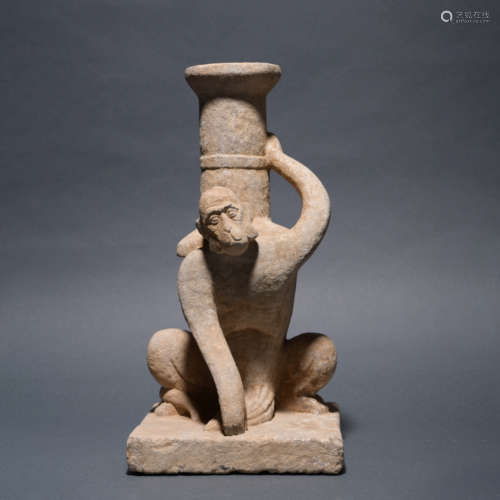 Carved Grey Stone Monkey-Form Lamp