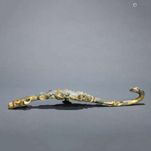 Jade Inlaid and Gilt Bronze Belt Hook