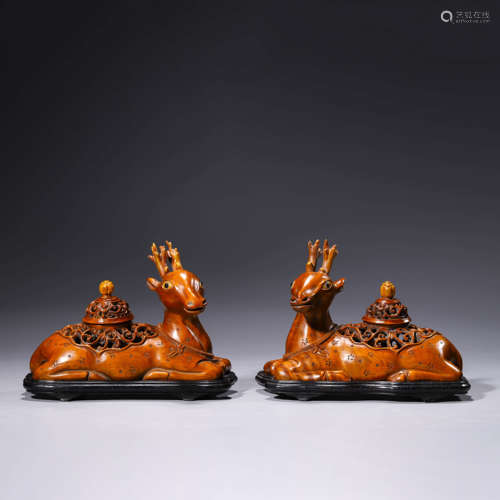 Pair of Carved Wood Deer-Form Censers