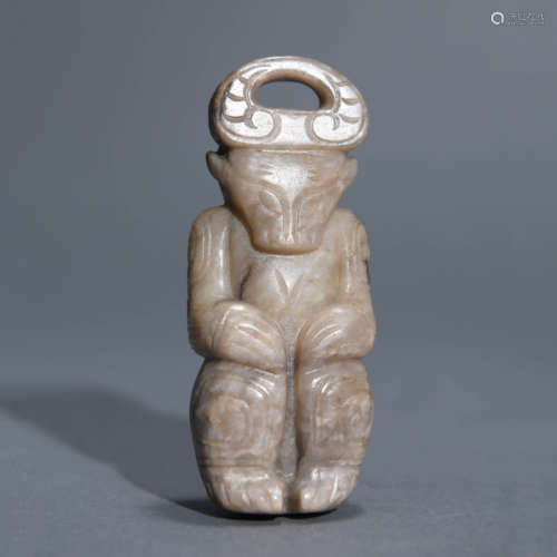 Carved Grayish Jade Bull-Form Pendant