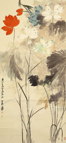 Chinese Lotus Painting Scroll, Zhang Daqian Mark