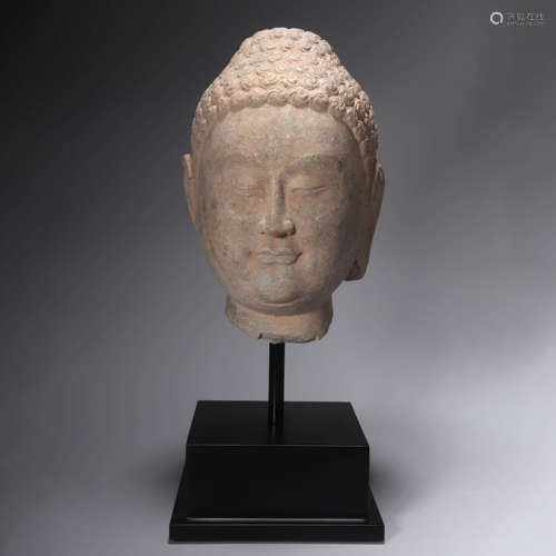 Carved Grey Stone Head of Buddha