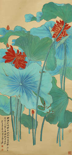 Chinese Flower Painting Paper Scroll, Zhang Daqian Mark