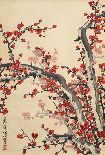 Chinese Prunus Painting Scroll, Dong Shouping Mark