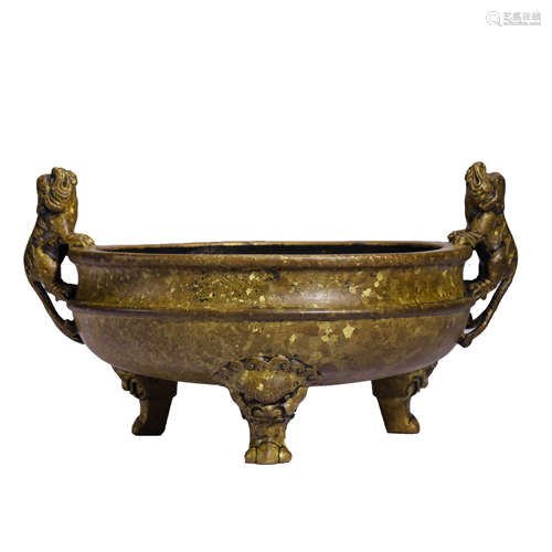 Gold-Splashed Bronze Double Beast-Eared Tripod Censer