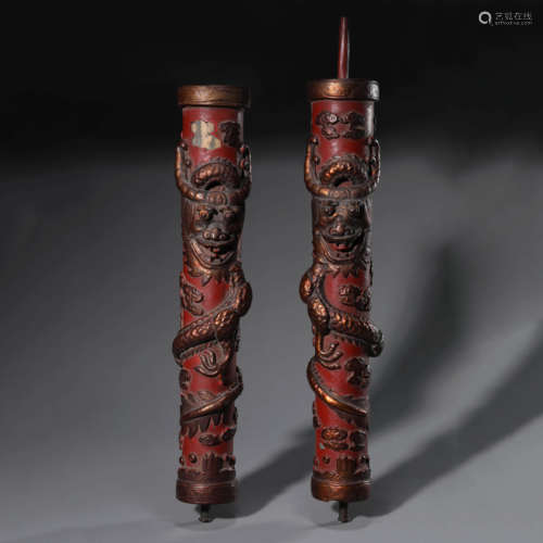 Pair of Lacquer Dragon Candlesticks