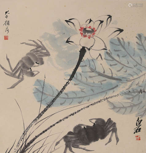 Chinese Crab Painting on Paper, Qi Baishi Mark