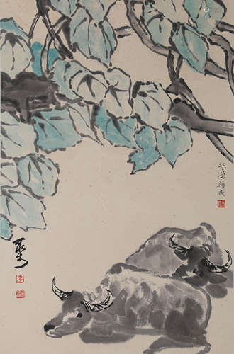 Chinese Figure and Bull Painting on Paper, Li Keran Mark