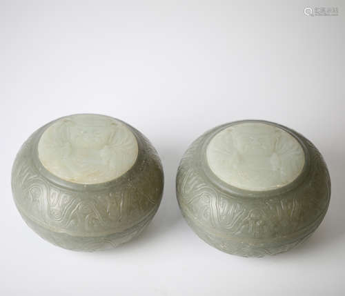 A pair China Hotan white jade carving boxes