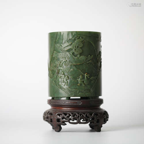 Chinese Hotan Jasper carving landscape pen holder ，18th