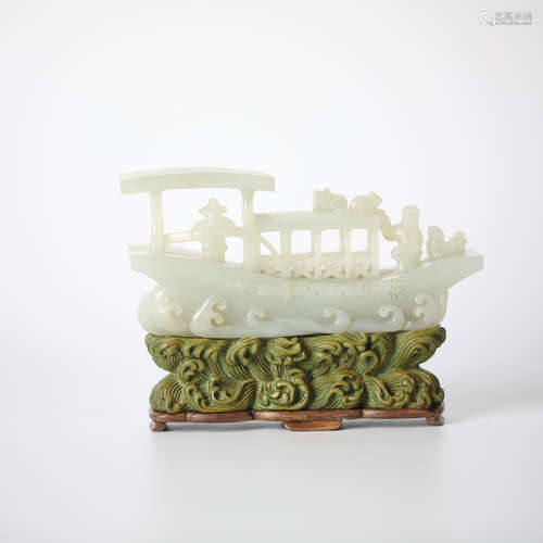 China Hotan white jade carved ship ornaments,18th