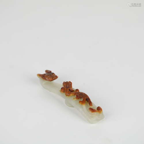 Hotan jade carving red and white jade dragon hook, Warring