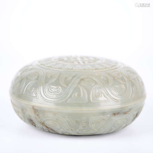 China Hotan white jade carving cover box，18th