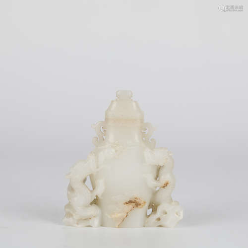 China Hotan white jade dragon vase