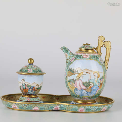 A set of ancient enamel teapots